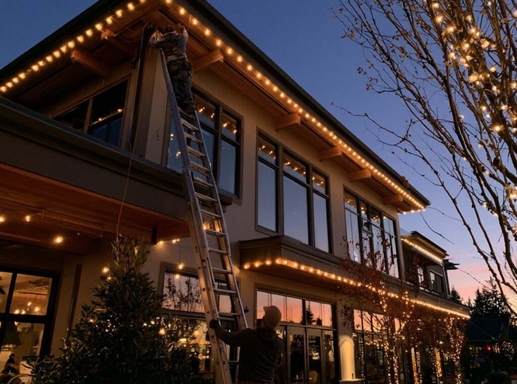 commercial installers hanging lights on top roofline